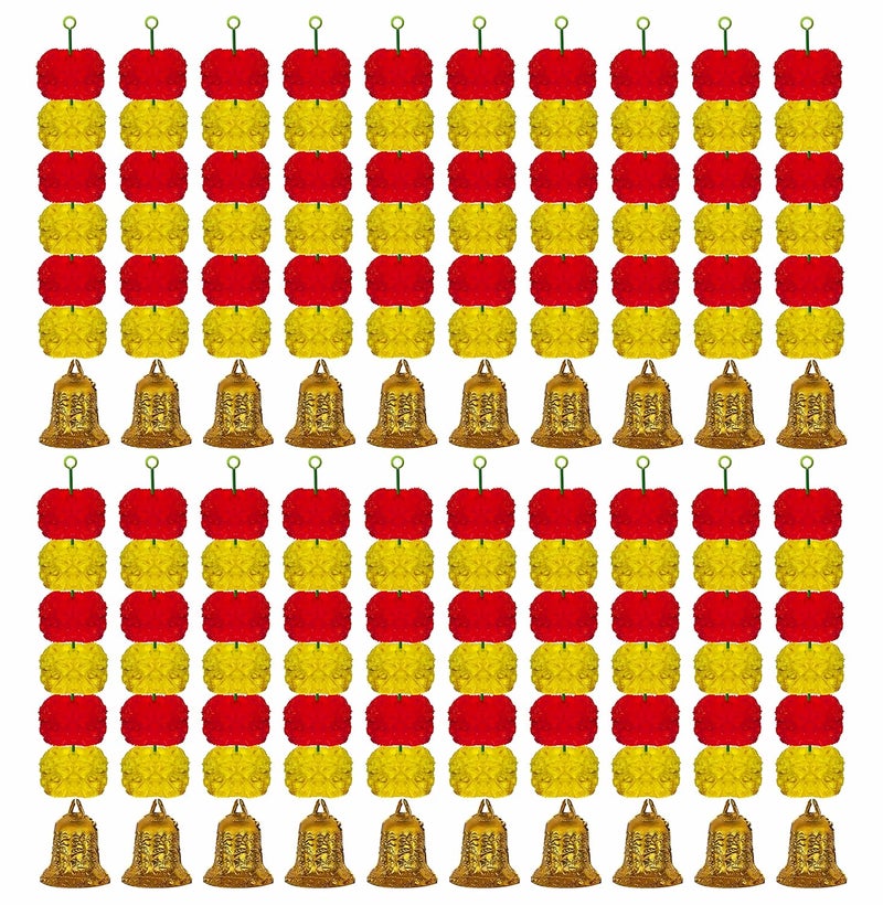 iHandikart iHandikart Marigold Garland Artificial Super Mini 6 Genda Fool with Bell in The Bottom Used for Festival DecorationOffice Home Diwali Decoration Color Yellow Red Pack of 20 3360220 