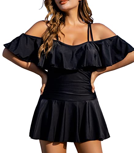 COCOPEAR Women's One Piece Flounce Swimsuit Off Shoulder Bathing Suit Tummy Control Swimdress Black - Image 1