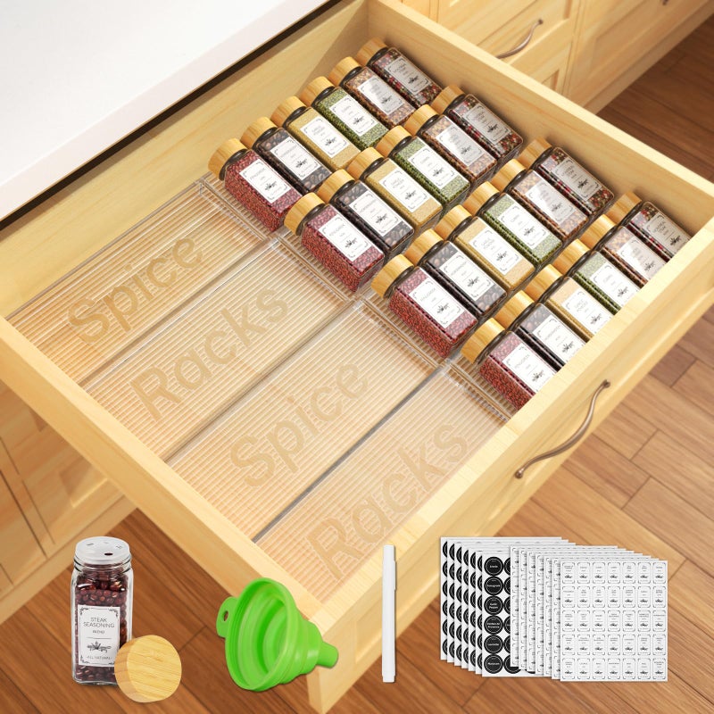 Agotglmi Spice Drawer Organizer with 24 Spice Jars, 355 Spice Labels, 4 Pack Expandable From 11'' to 21'' Acrylic Spice Rack for Drawer, Seasoning Containers Storage Organization for Kitchen Cabinet Countertop - Image 1