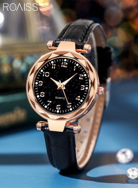 ساعة كوارتز نسائية بحزام جلدي، ساعة دائرية بقرص أسود بنمط السماء المرصعة بالنجوم، ساعة مقاومة للماء كهدية للنساء، أسود