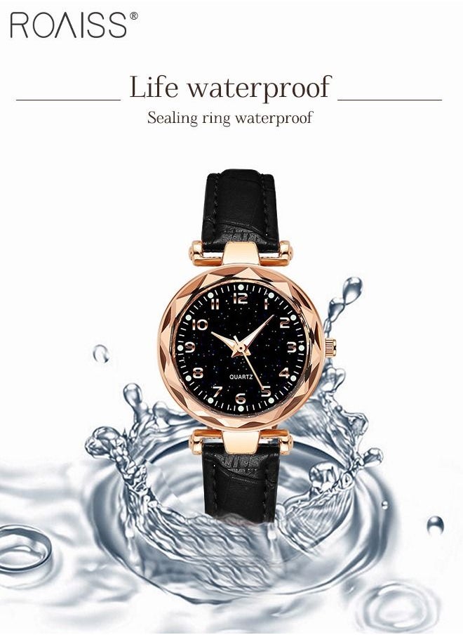 roaiss - Women's Leather Strap Quartz Watch, Analog Display Round Black Dial Watch with Starry Sky Pattern, Waterproof Watch as Gift for Women, Black - Image 1