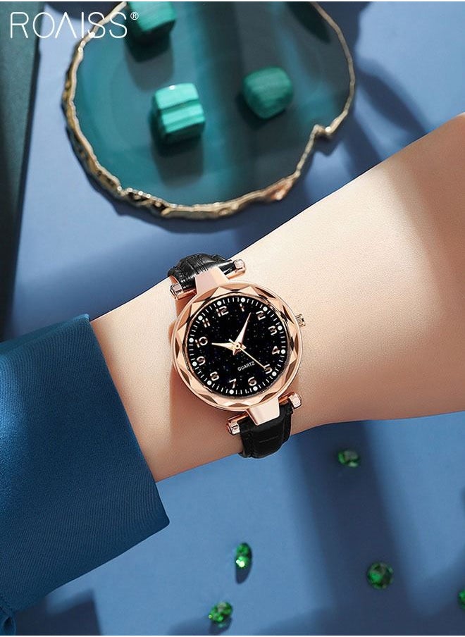roaiss - Women's Leather Strap Quartz Watch, Analog Display Round Black Dial Watch with Starry Sky Pattern, Waterproof Watch as Gift for Women, Black - Image 1