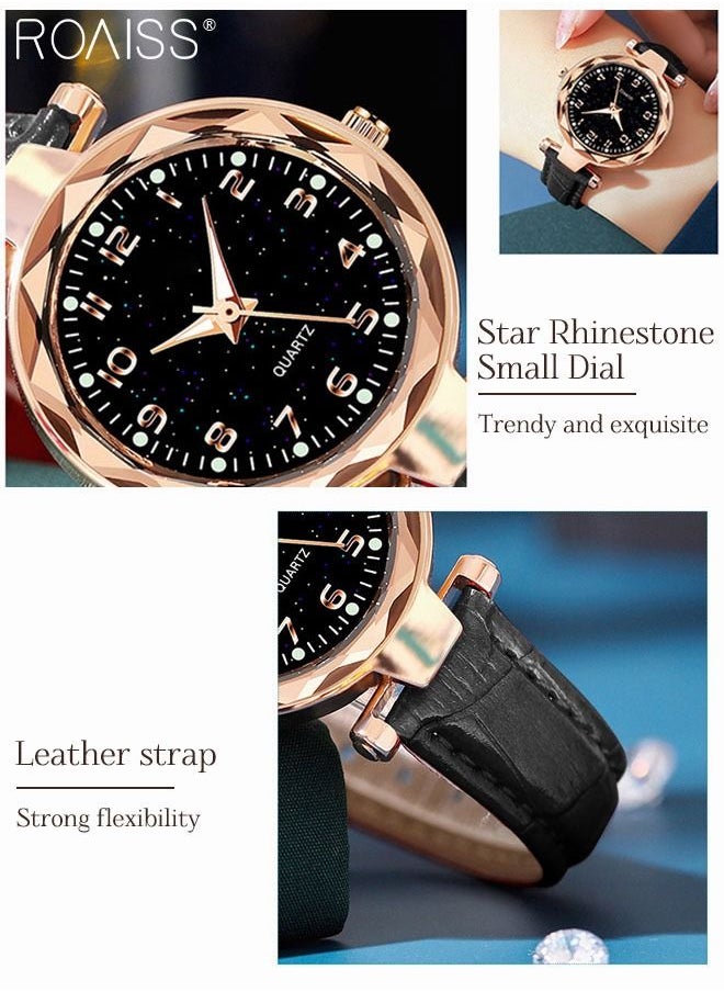 roaiss - Women's Leather Strap Quartz Watch, Analog Display Round Black Dial Watch with Starry Sky Pattern, Waterproof Watch as Gift for Women, Black - Image 1