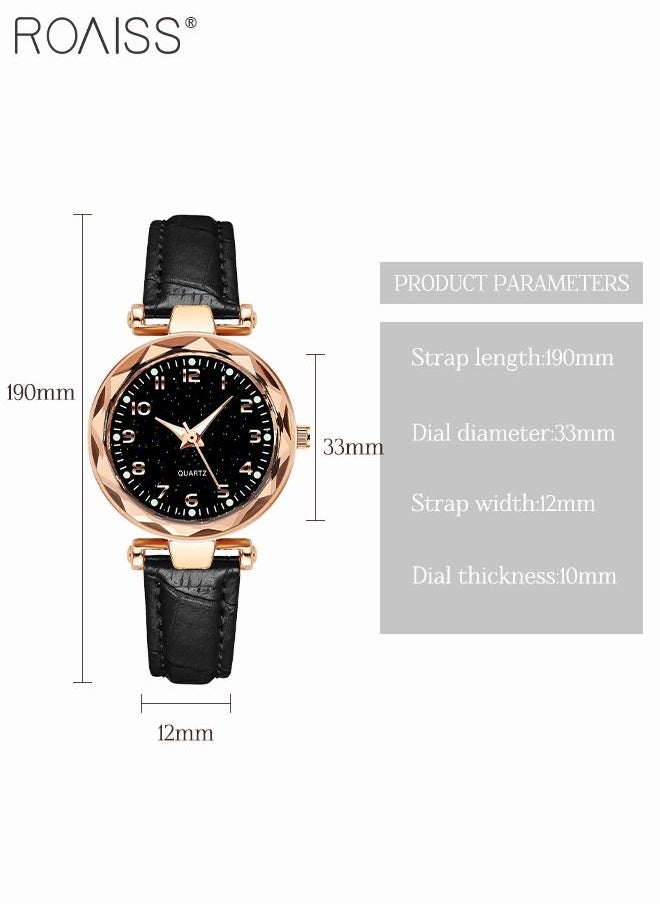 roaiss - Women's Leather Strap Quartz Watch, Analog Display Round Black Dial Watch with Starry Sky Pattern, Waterproof Watch as Gift for Women, Black - Image 1