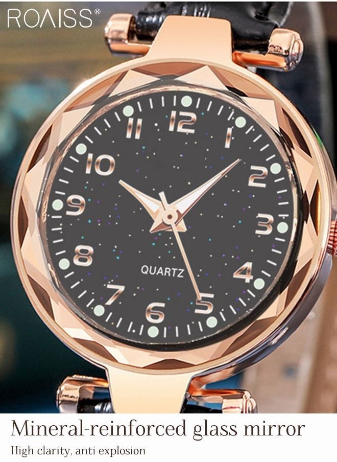 roaiss - Women's Leather Strap Quartz Watch, Analog Display Round Black Dial Watch with Starry Sky Pattern, Waterproof Watch as Gift for Women, Black - Image 1
