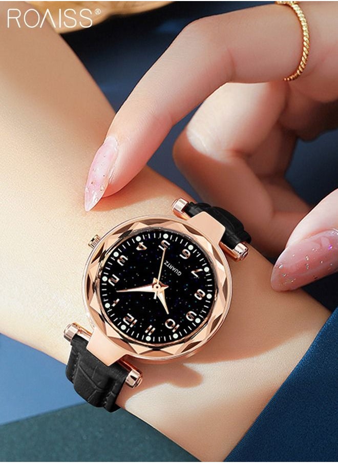 roaiss - Women's Leather Strap Quartz Watch, Analog Display Round Black Dial Watch with Starry Sky Pattern, Waterproof Watch as Gift for Women, Black - Image 1