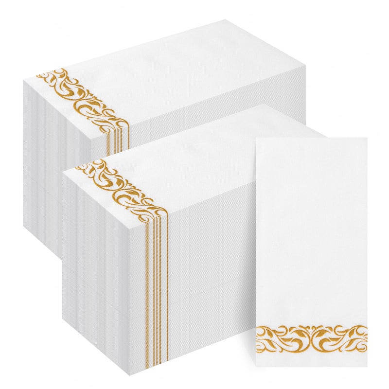 Goodluck 200-Pack Linen-Feel Disposable Guest Towels â€“ Soft and Absorbent Paper Hand Towels for Bathroom or Kitchen â€“ Elegant White Napkins with Gold Design for Parties, Weddings, Dinners Events - Image 1