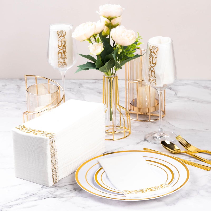 Goodluck 200-Pack Linen-Feel Disposable Guest Towels â€“ Soft and Absorbent Paper Hand Towels for Bathroom or Kitchen â€“ Elegant White Napkins with Gold Design for Parties, Weddings, Dinners Events - Image 2