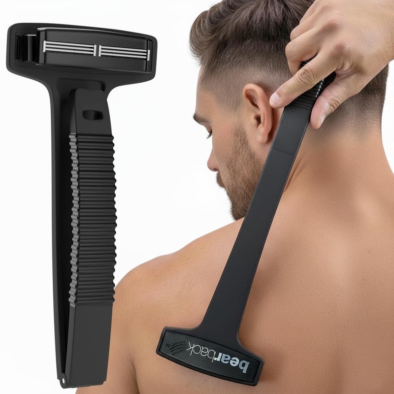 Bearback Back Shaver for Men â€“ DIY Razor with Pivoting Triple Blades & Folding Handle â€“ Wet or Dry Back & Body Hair Removal - Image 1