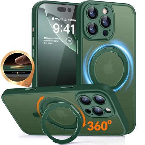 CANSHN 360 Spin Magnetic Stand for iPhone 16 Pro Case with Camera Control Full Camera Protection Compatible with Magsafe Translucent Matte Shockproof Protective Phone Cover 63 Deep Green - Image 1