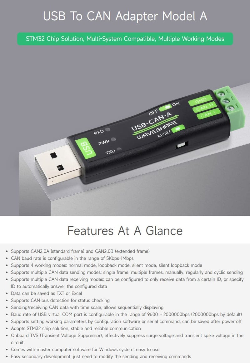 Waveshare USB to CAN Adapter Model A, STM32 Chip Solution, Multiple Working Modes, Multi-System Compatible - Image 3