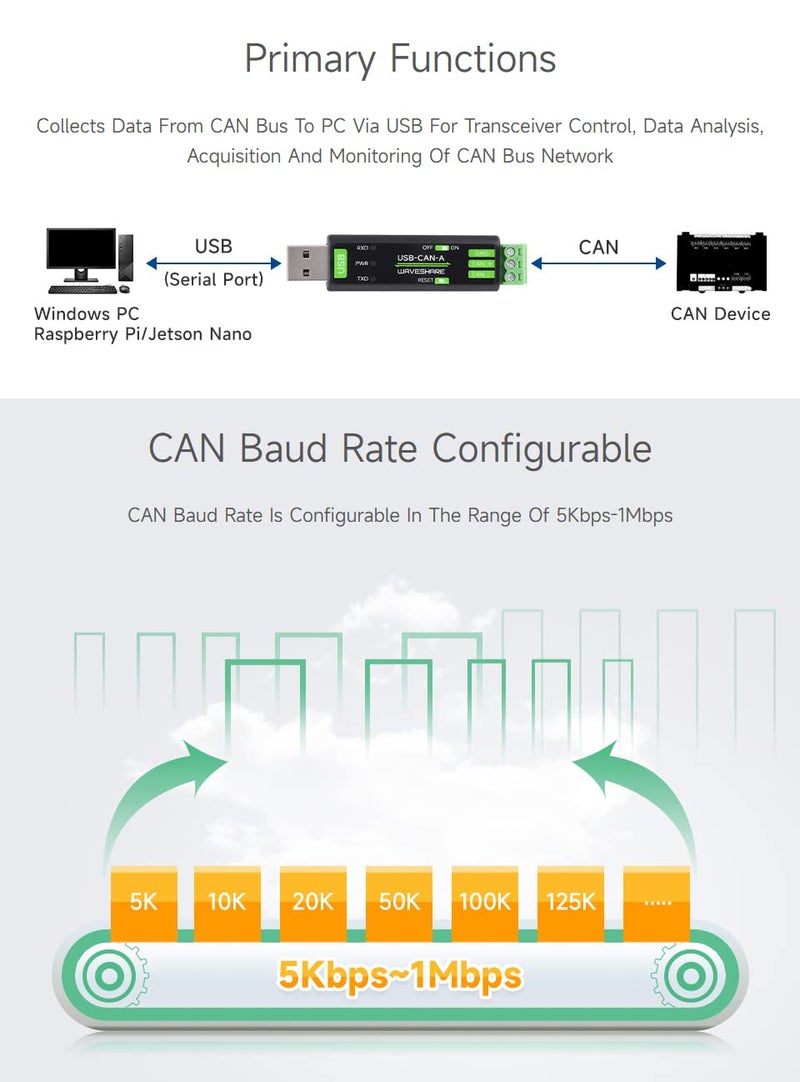 Waveshare USB to CAN Adapter Model A, STM32 Chip Solution, Multiple Working Modes, Multi-System Compatible - Image 5