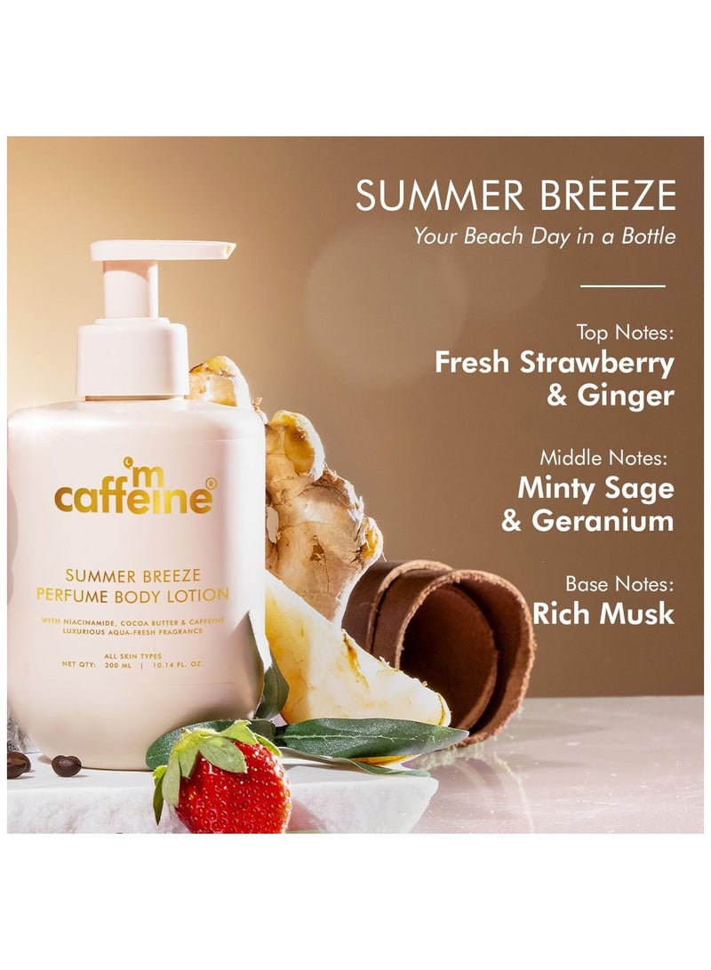 إم كافيين لوشن الجسم سمر بريز المعطر للجسم | نياسيناميد وزبدة الكاكاو وزبدة الشيا لترطيب عميق | خفيف الوزن وغير لزج | عطر أكوا المنعش الشاطئي | لوشن الجسم للبشرة الجافة - 300 مل - Image 3