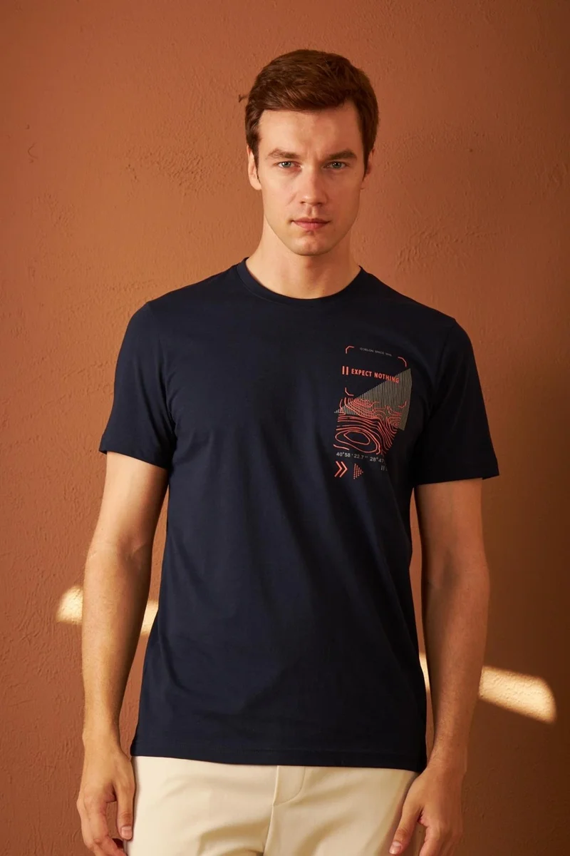 Odelon Men's Comfort Fit Printed Cotton T-Shirt Navy Blue MARS16