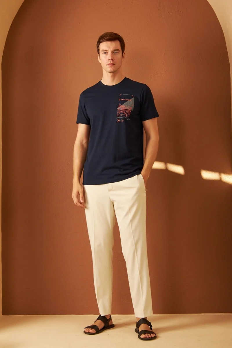 Odelon Men's Comfort Fit Printed Cotton T-Shirt Navy Blue MARS16
