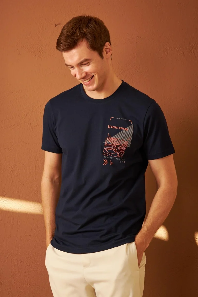 Odelon Men's Comfort Fit Printed Cotton T-Shirt Navy Blue MARS16