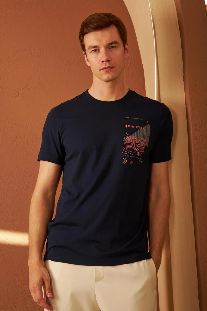 Odelon Men's Comfort Fit Printed Cotton T-Shirt Navy Blue MARS16