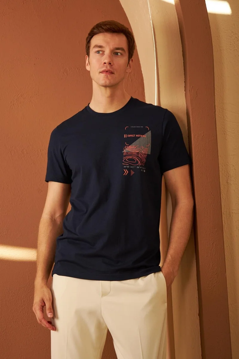 Odelon Men's Comfort Fit Printed Cotton T-Shirt Navy Blue MARS16