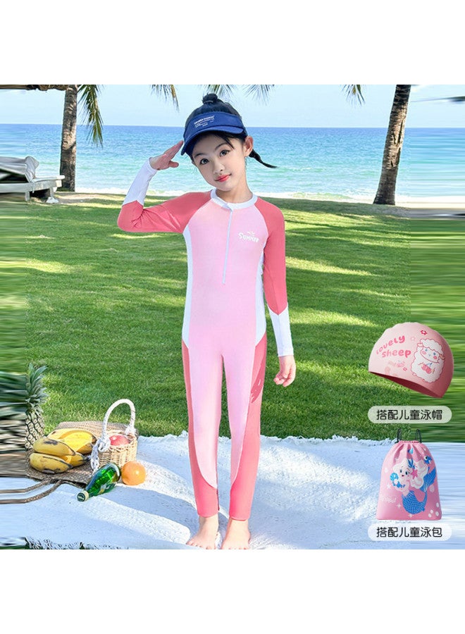 YouYou Children's Swimwear, Girls' Swimwear, Long-sleeved One-piece Hot Spring Swimwear Pants, Small, Medium, And Large Children's Professional Swimming Sets - Image 2