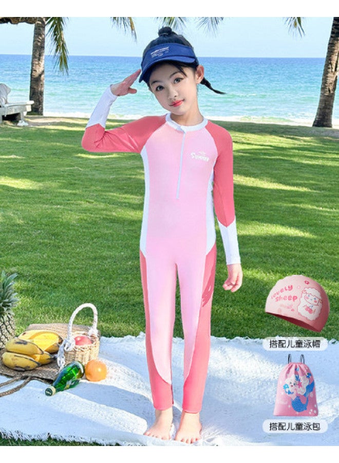 YouYou Children's Swimwear, Girls' Swimwear, Long-sleeved One-piece Hot Spring Swimwear Pants, Small, Medium, And Large Children's Professional Swimming Sets - Image 1