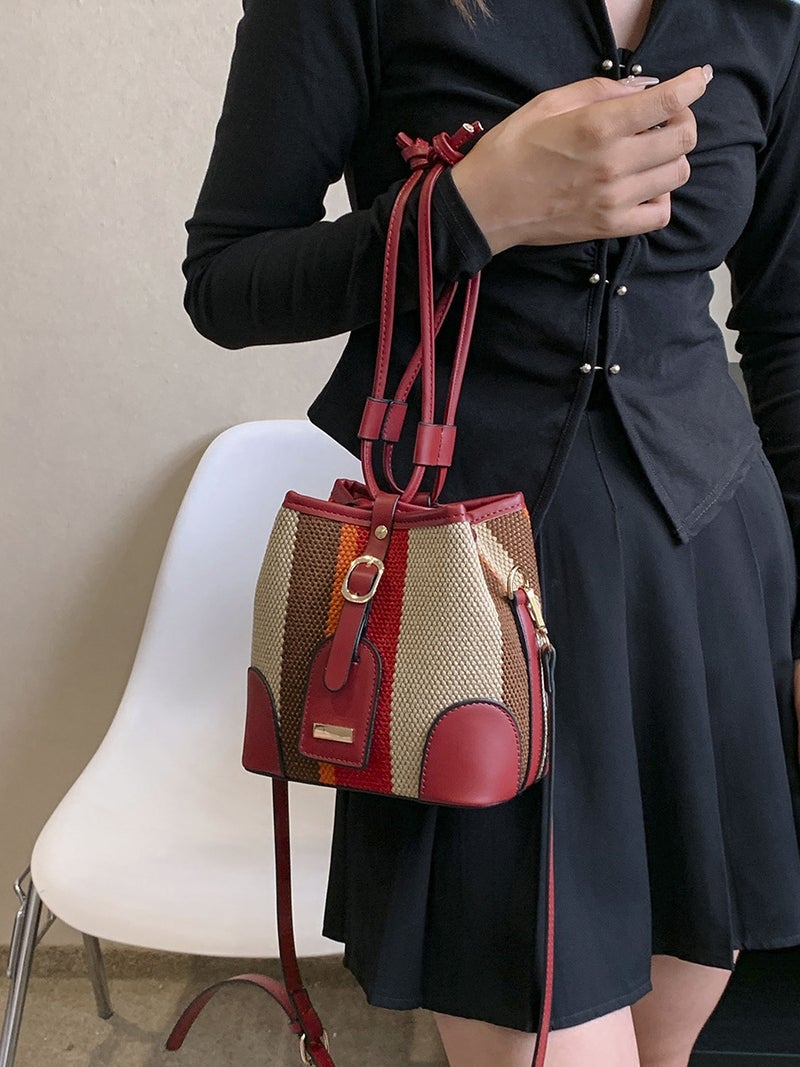 Striped Color-Block Handbag Bucket Bag For Women 2023 Autumn New Korean Version Shoulder Crossbody Bag With Color-Block Design - Image 5