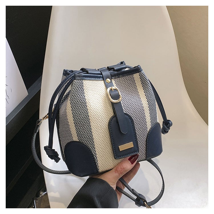 Striped Color-Block Handbag Bucket Bag For Women 2023 Autumn New Korean Version Shoulder Crossbody Bag With Color-Block Design - Image 1