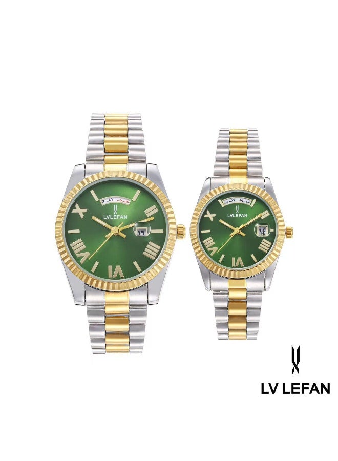ليفان طقم ساعة يد للزوجين ضد الماء الفولاذ المقاوم للصدأ حزام زوجين الكوارتز ووتش مجموعة، الفاخرة مضيئة للماء التقويم ووتش هدية