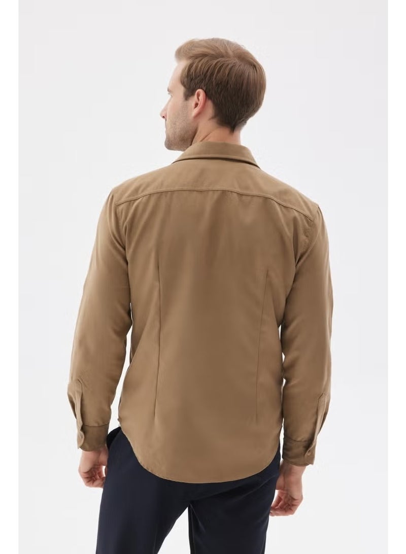 Odelon Slim Fit Men's Beige Shirt Jacket with Pockets - Image 4
