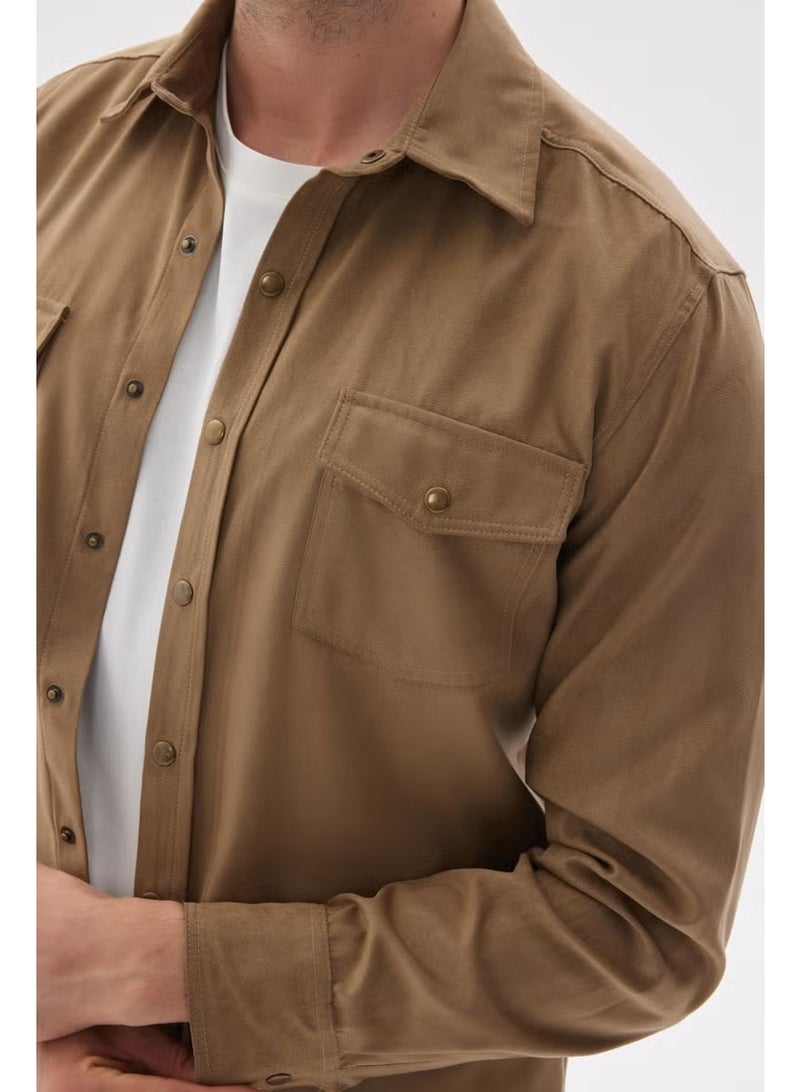 Odelon Slim Fit Men's Beige Shirt Jacket with Pockets - Image 3