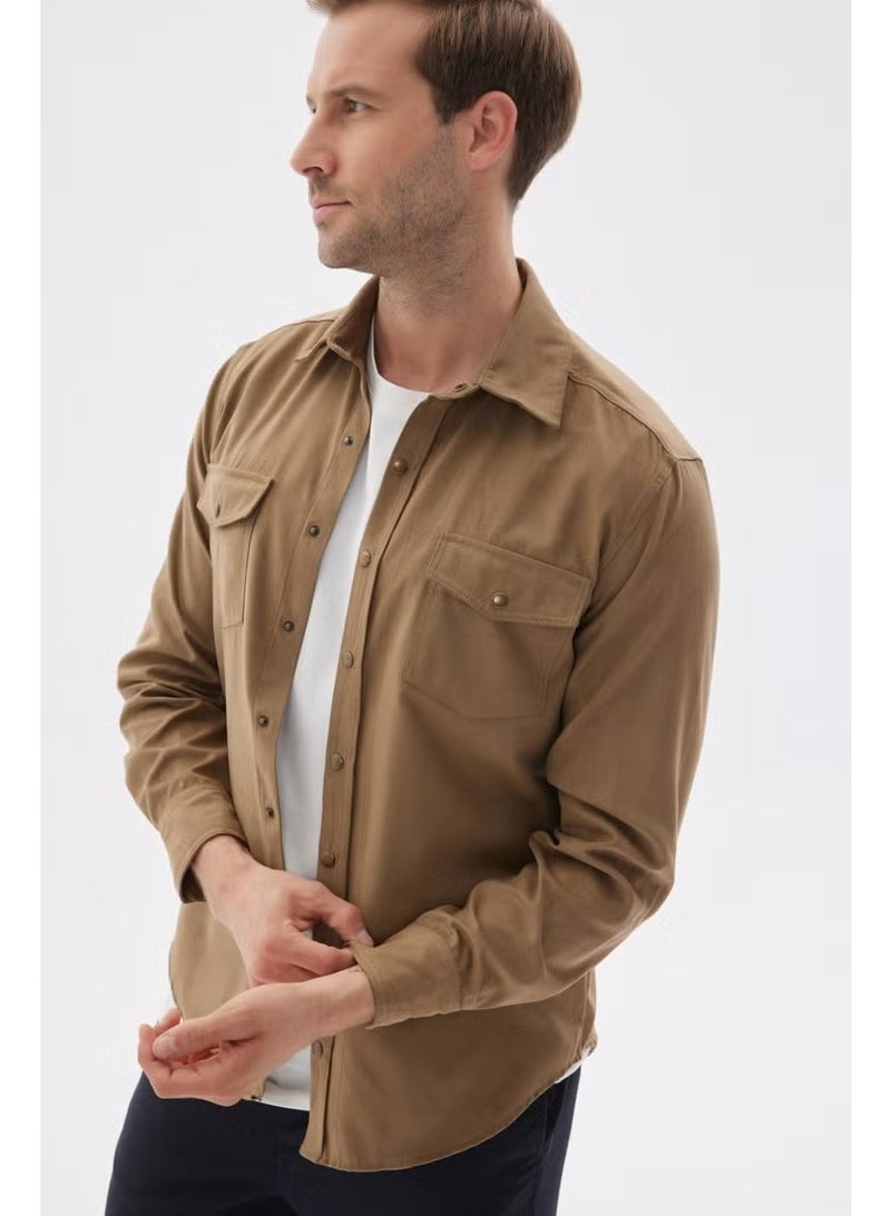 Odelon Slim Fit Men's Beige Shirt Jacket with Pockets - Image 2