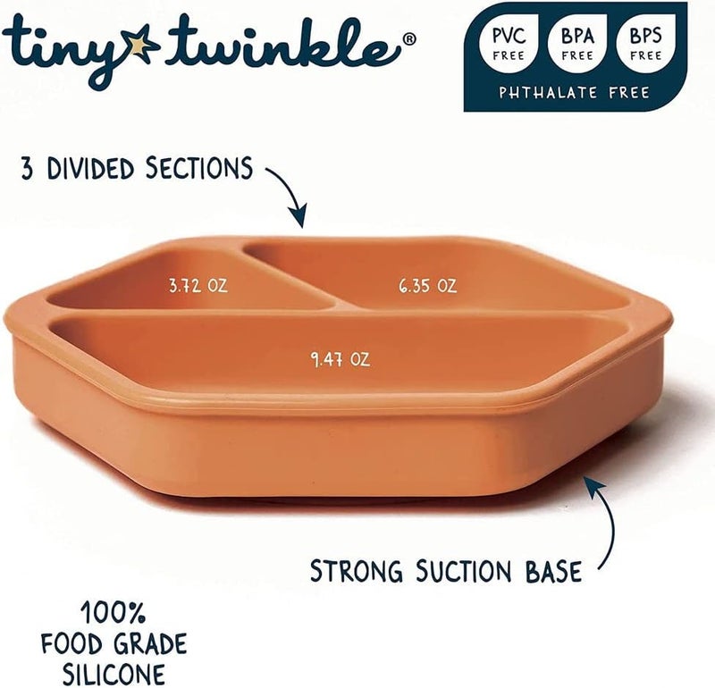Tiny Twinkle Silicone Suction Baby Plate, Suction Grip Divided Dish for First Foods and Self-Feeding Toddlers, Baby Led Weaning Supplies for Independent Eating (Burgundy Plate with Lid) - Image 3