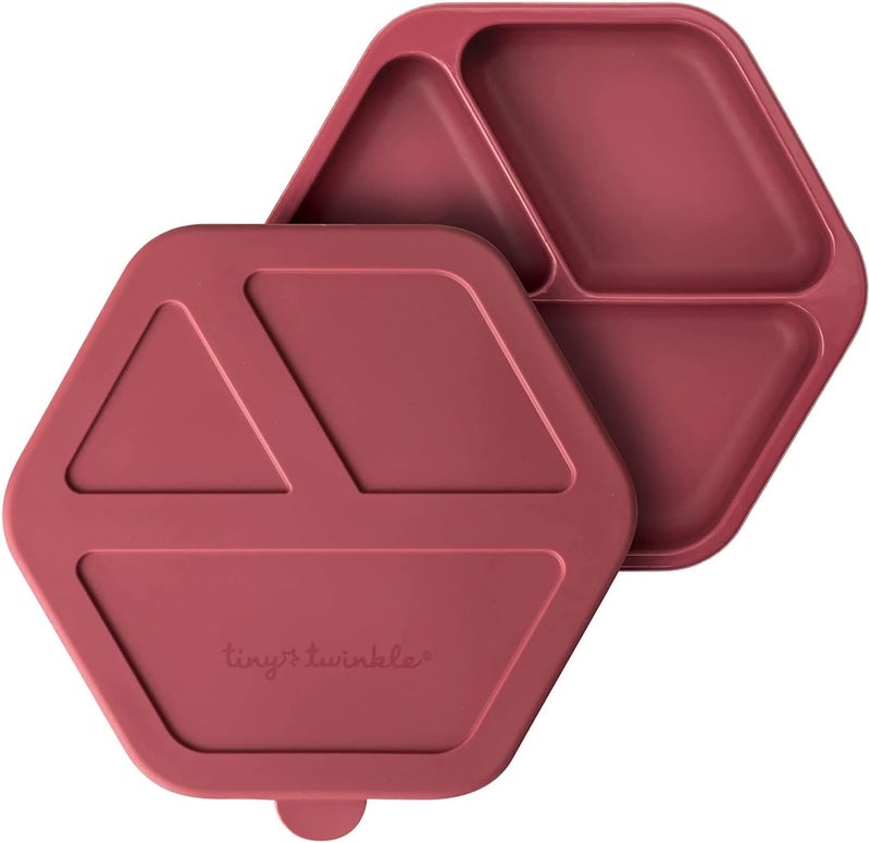 Tiny Twinkle Silicone Suction Baby Plate, Suction Grip Divided Dish for First Foods and Self-Feeding Toddlers, Baby Led Weaning Supplies for Independent Eating (Burgundy Plate with Lid) - Image 1