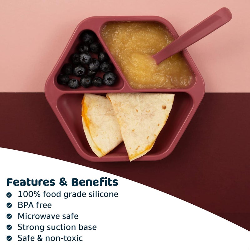 Tiny Twinkle Silicone Suction Baby Plate, Suction Grip Divided Dish for First Foods and Self-Feeding Toddlers, Baby Led Weaning Supplies for Independent Eating (Burgundy Plate with Lid) - Image 5