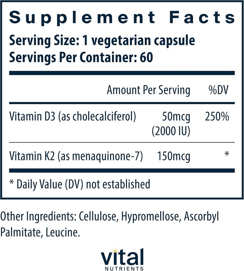 Vital Nutrients Vitamin D3  K2  2000 IU  Vitamin D3 K2 Supplement  Vitamin D Complex for Healthy Calcium Levels Muscle  Bone Health  Gluten Dairy Soy Free  60 Capsules - Image 2