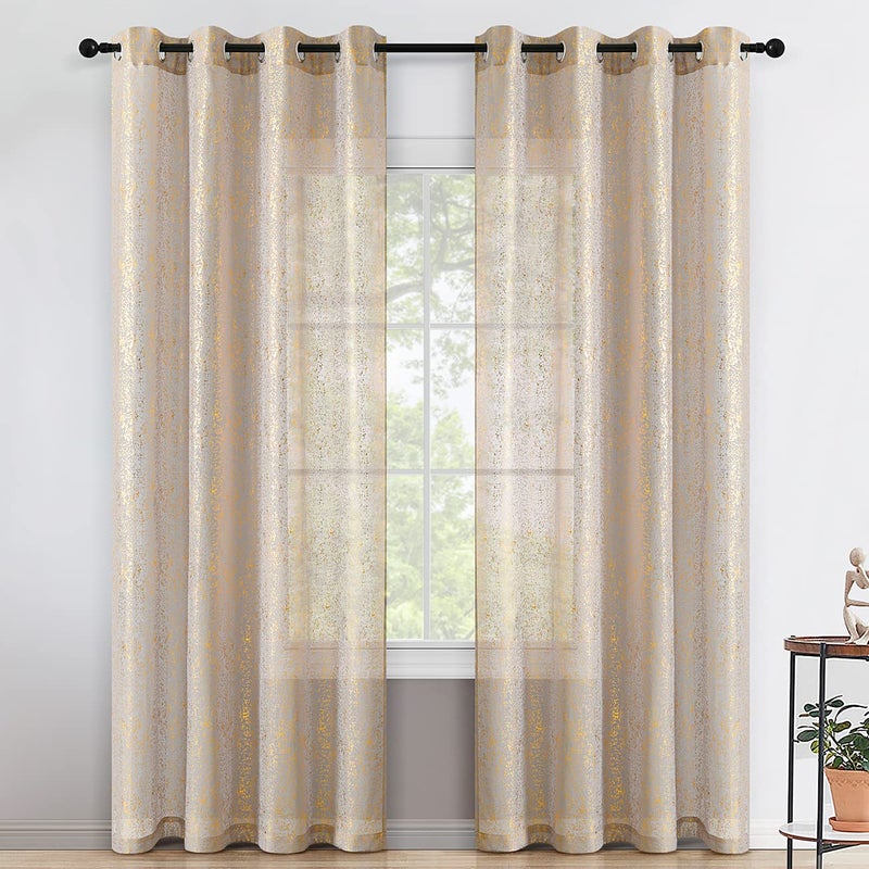 TERLYTEX TERLYTEX Grey Gold Sheer Curtains for Living Room  Metallic Gold Foil Spray Spots Printed Grey Sheer Curtains 84 Inch Long  Grommet Privacy Sheer Window Curtains 2 Panels Set  52 x 84 Inch  Gold Grey - Image 2