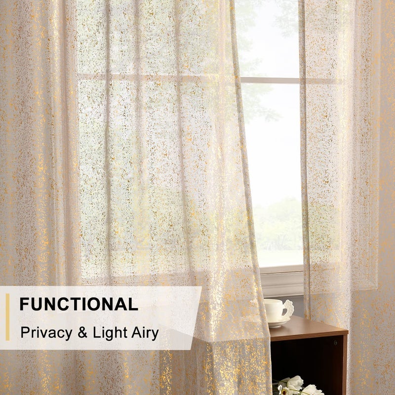 TERLYTEX TERLYTEX Grey Gold Sheer Curtains for Living Room  Metallic Gold Foil Spray Spots Printed Grey Sheer Curtains 84 Inch Long  Grommet Privacy Sheer Window Curtains 2 Panels Set  52 x 84 Inch  Gold Grey - Image 3