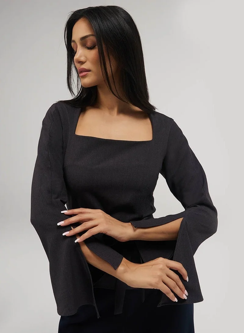 Zigzag Split Sleeve Square Neck Top -Grey