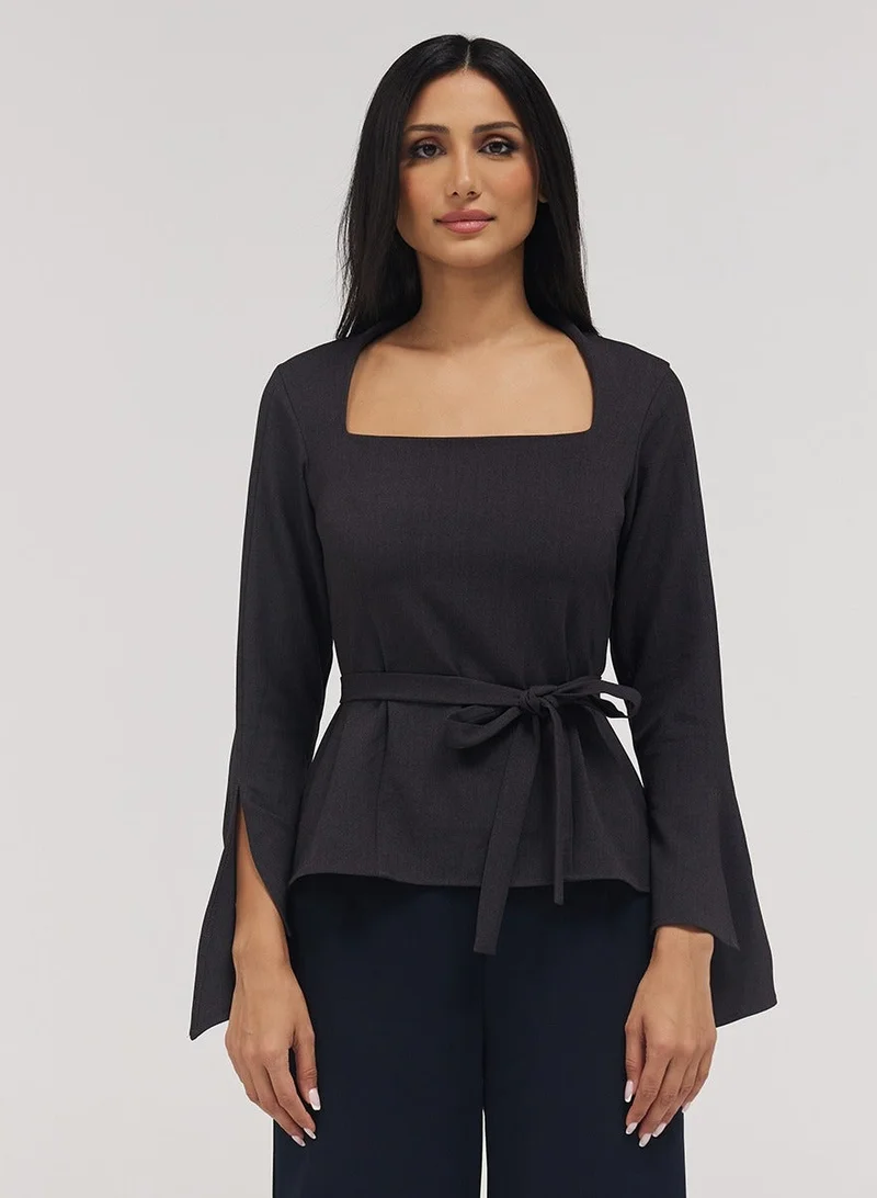 Zigzag Split Sleeve Square Neck Top -Grey