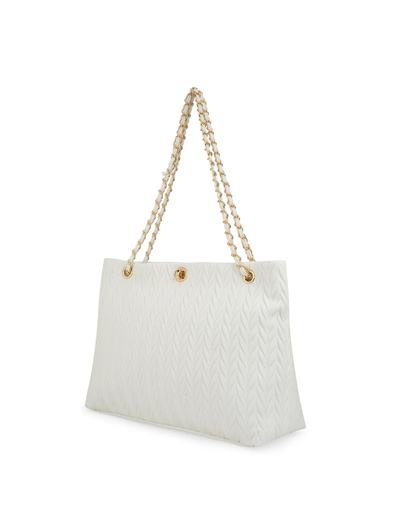 globus Globus Women White Leaf Raised Design Twistlock Chain Detail Double Handle Party Tote Bag