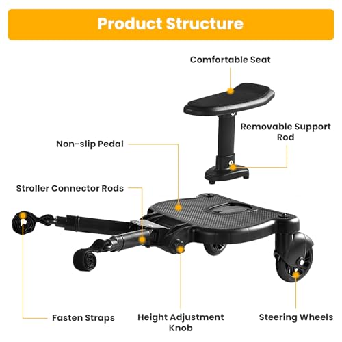 Moclever Universal Stroller Board with Detachable Seat, 2-in-1 Stroller Ride-On Board for Toddler, Fits Most Stroller Brands, Sit and Stand Stroller Attachment, Holds Up to 55 lbs for Kids Ages 3-7 - Image 4