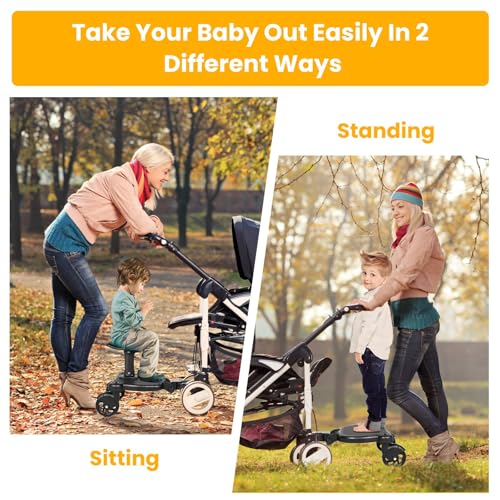 Moclever Universal Stroller Board with Detachable Seat, 2-in-1 Stroller Ride-On Board for Toddler, Fits Most Stroller Brands, Sit and Stand Stroller Attachment, Holds Up to 55 lbs for Kids Ages 3-7 - Image 2