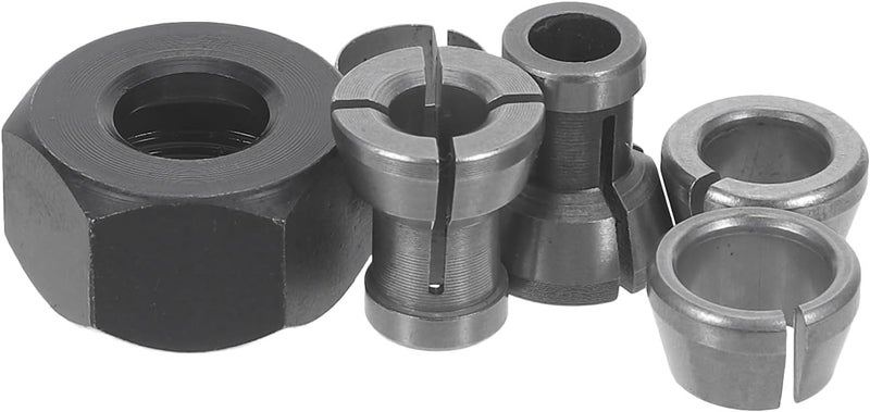 6pcs Router Collet Replacement Set, M17x1 Lock Nut & 5 Collet Sizes, 6/6.35/8/9.52/10mm Clamping Chuck for Handheld & Benchtop Wood Routers - Image 1