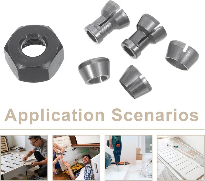 6pcs Router Collet Replacement Set, M17x1 Lock Nut & 5 Collet Sizes, 6/6.35/8/9.52/10mm Clamping Chuck for Handheld & Benchtop Wood Routers - Image 5