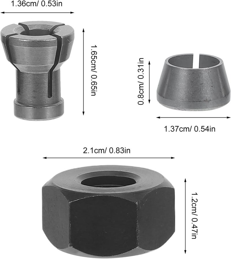 6pcs Router Collet Replacement Set, M17x1 Lock Nut & 5 Collet Sizes, 6/6.35/8/9.52/10mm Clamping Chuck for Handheld & Benchtop Wood Routers - Image 4
