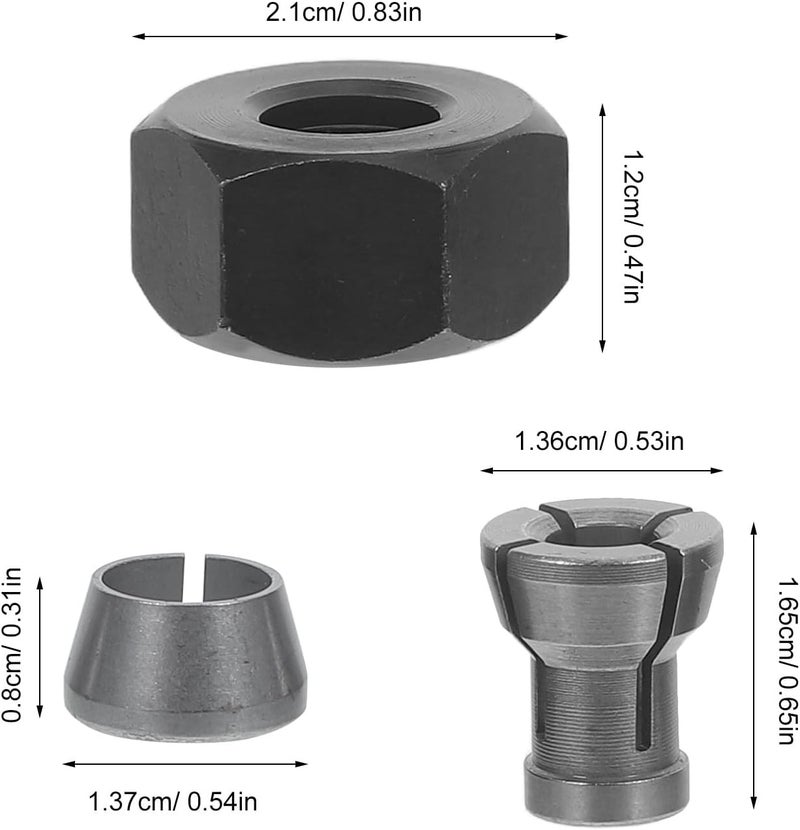 6pcs Router Collet Replacement Set, M17x1 Lock Nut & 5 Collet Sizes, 6/6.35/8/9.52/10mm Clamping Chuck for Handheld & Benchtop Wood Routers - Image 2