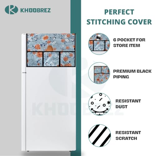 KHOOBREZ Premium Rubber Coating Cloth Prints Washable Waterproof Double Door Fridge Refrigerator Top Cover with Utility Pockets (25.5" X 67" inches) (65 x 170cm) C-FC3(Grey) - Image 3