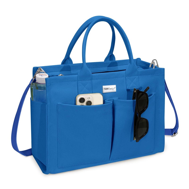 TOPDesign Heavy-Duty Canvas Tote Bag for Women, Adjustable Crossbody Handbag with 9 Pockets, for Work, Travel (Blue) - Image 1