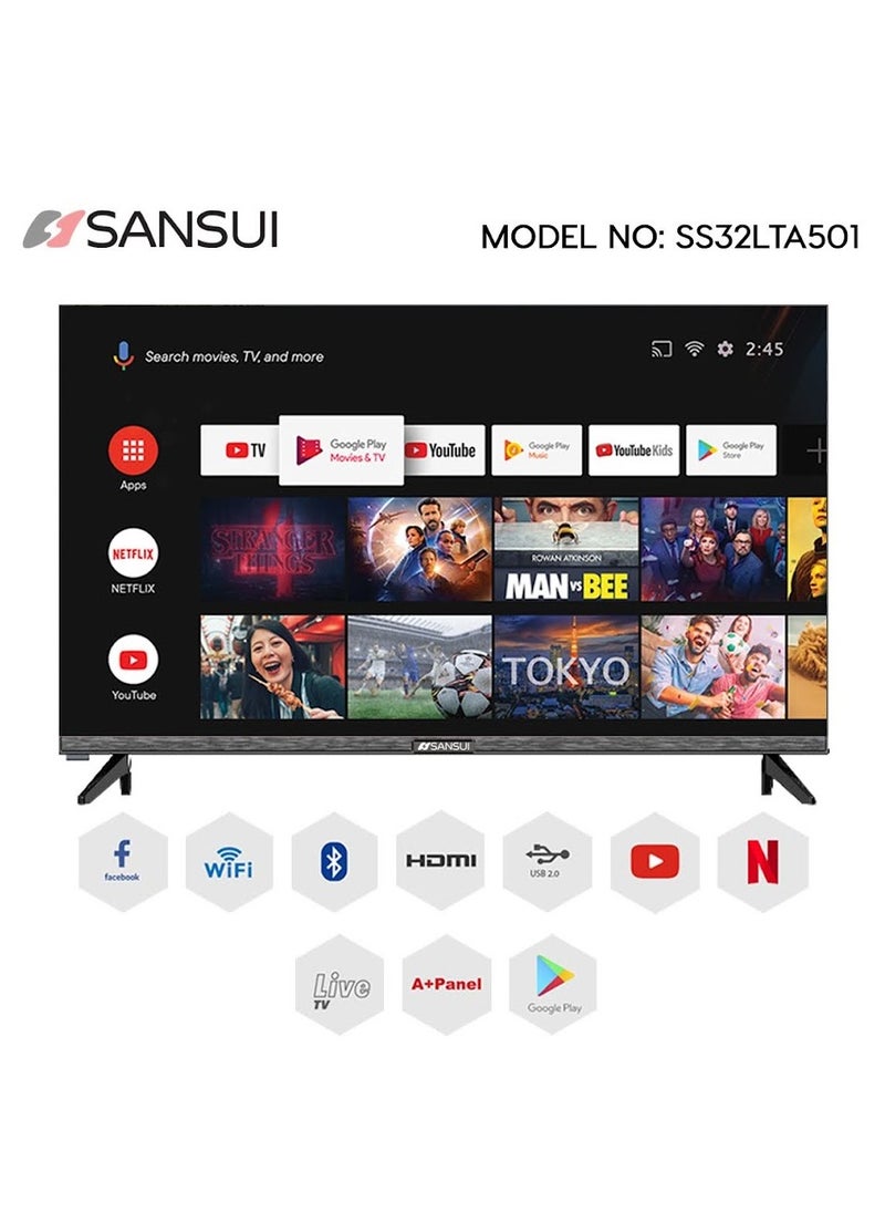 Sansui - SANSUI 32" Edgeless HD ready LED Smart TV, DVB T2/S2 Built-in receiver, Android 12, 2 USB, 2 HDMI, High Resolution, Superior Sound, Model- SS32LTA501 - Image 1