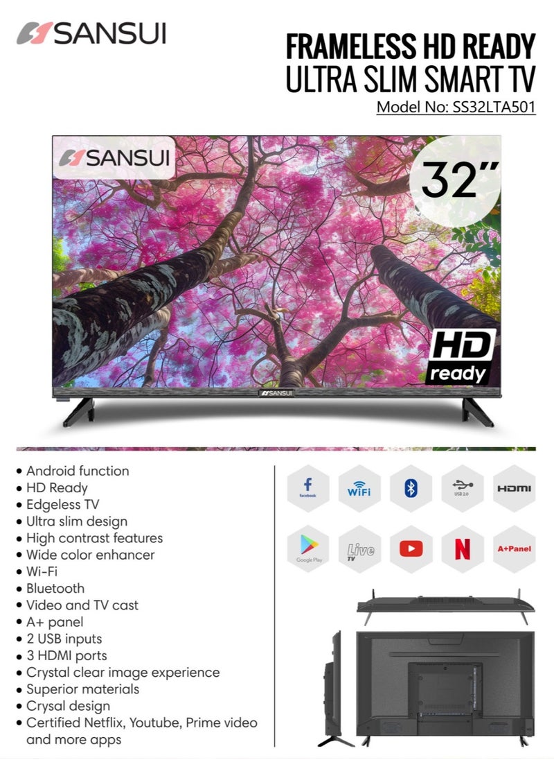 Sansui - SANSUI 32" Edgeless HD ready LED Smart TV, DVB T2/S2 Built-in receiver, Android 12, 2 USB, 2 HDMI, High Resolution, Superior Sound, Model- SS32LTA501 - Image 1