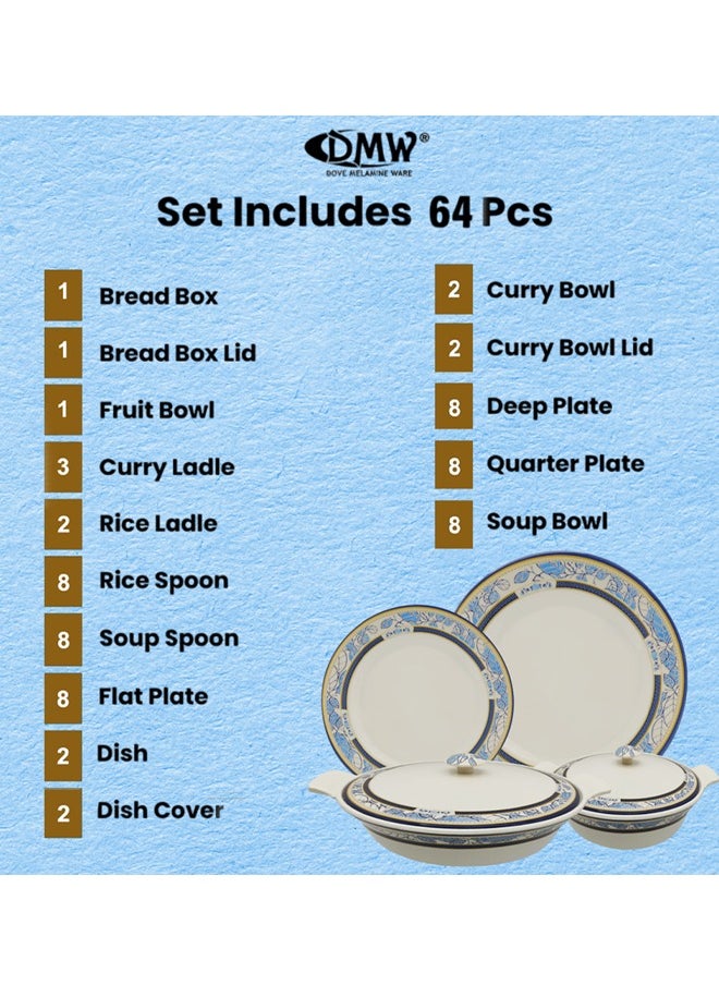 DMW - DMW Mikasa Lavish Design No.12 – 64-Piece Premium Melamine Dinnerware Set, Deep Royal Blue Border with Intricate Blue Leaf Motif and Golden Accents, Scratch Resistant, Unbreakable,Timeless and Sophisticated Dining Set - Image 1
